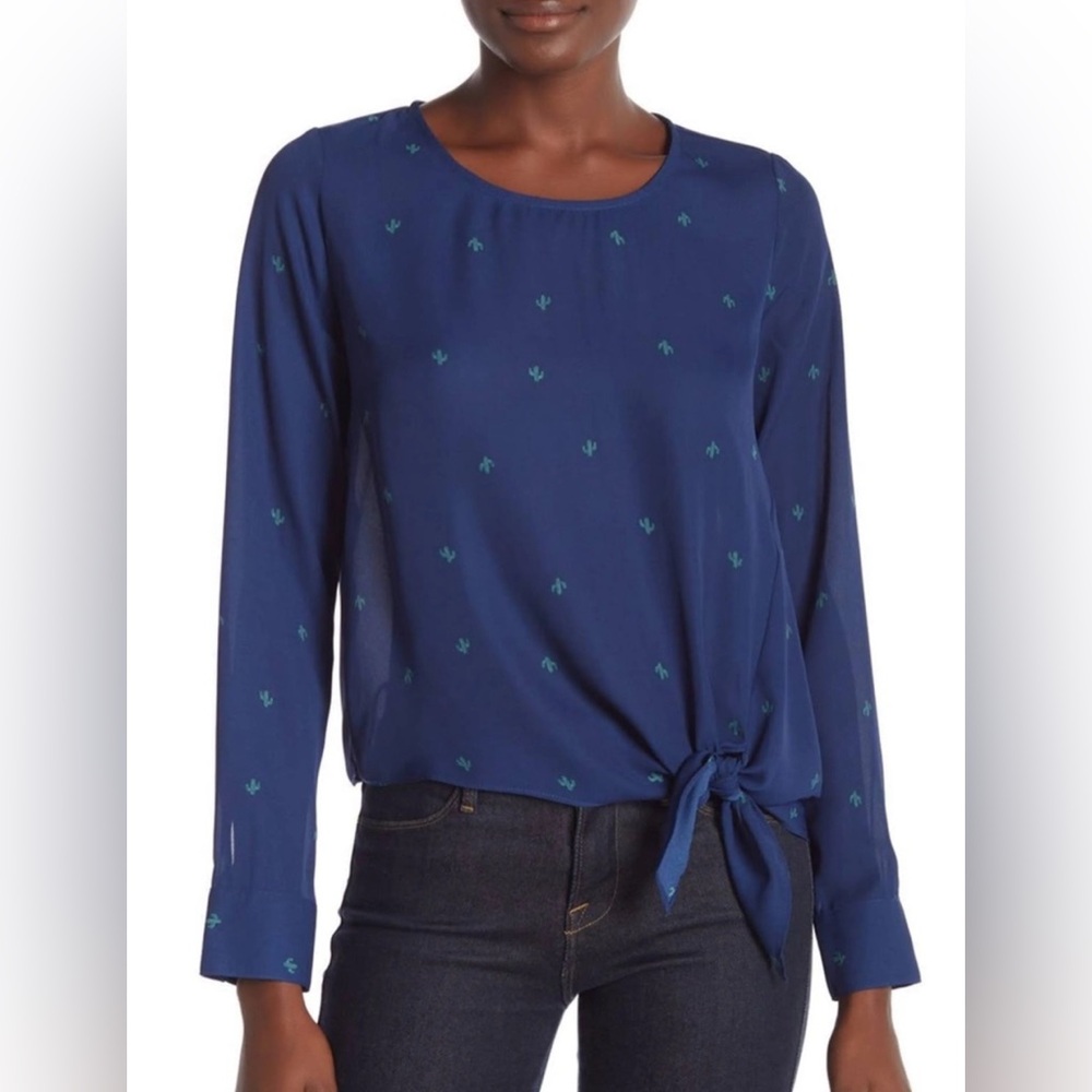 Socialite Women Long Sleeve Cactus Printed Navy Chiffon Knot Front Blouse Small